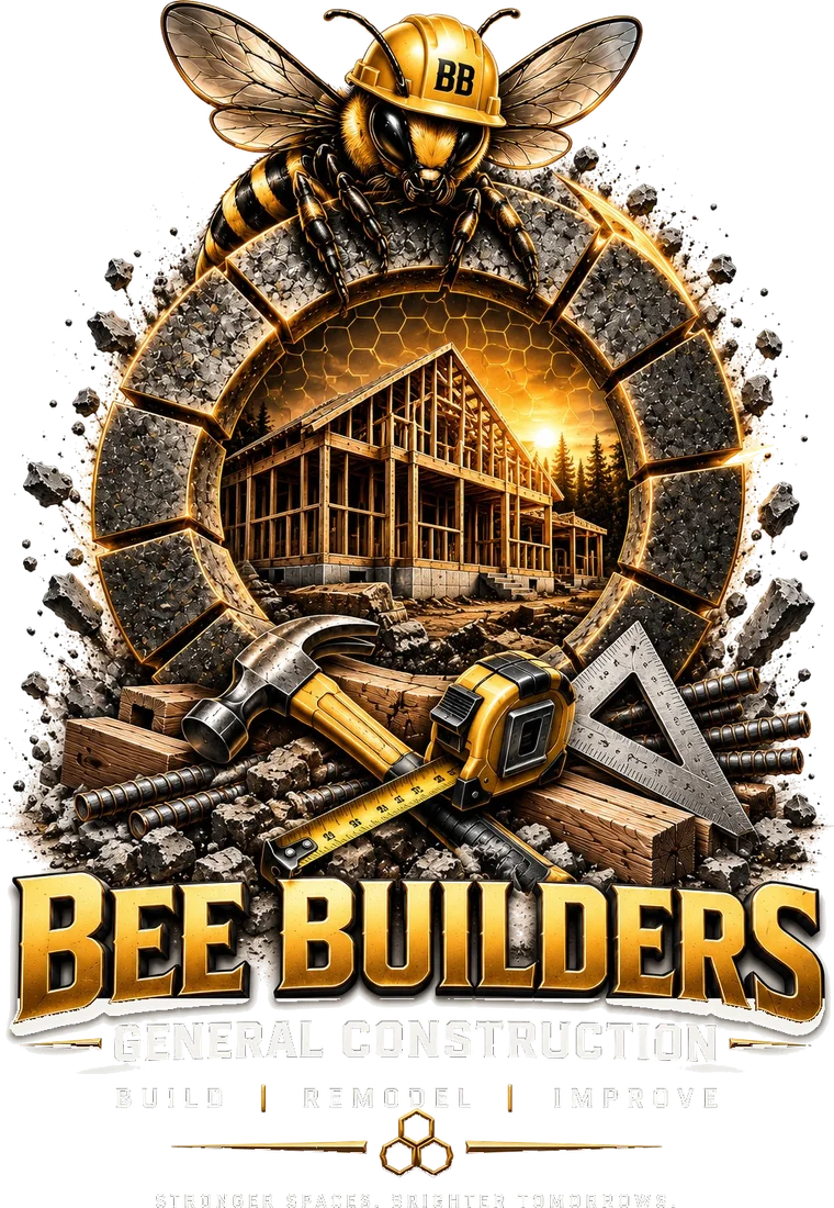 Bee Builders logo — a gold bee in a hard hat over a concrete ring framing a house under construction, above the words Bee Builders, General Construction, Build Remodel Improve